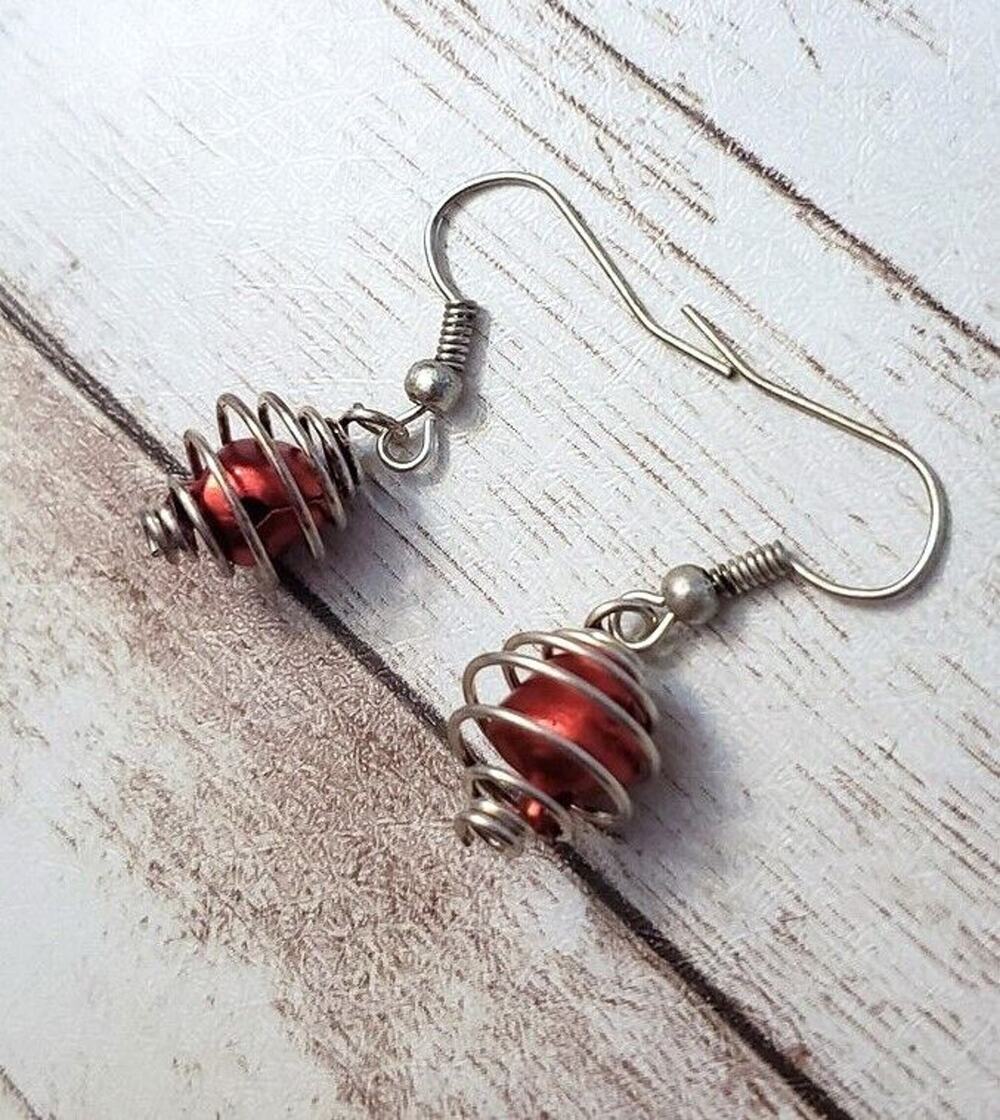 Vintage Earrings for Pierced Ears - Red Bell with Silver Tone Swirl
